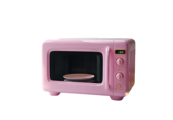 3D vector icons of pink, cute, retro-style microwaves on a white background