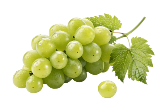 Green grapes with leaf. Isolated on white background