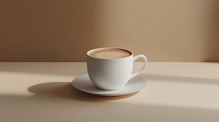 White Coffee Cup on Beige Surface with Soft Lighting