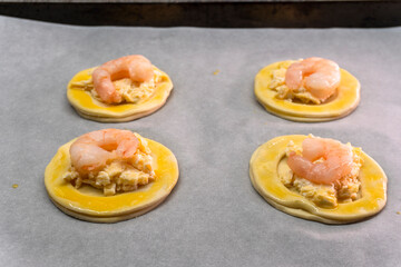 Puff pastry with cheese and shrimp. Pastry. food