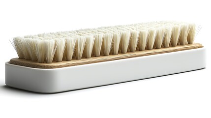 Close-up of a natural bristle cleaning brush on a wooden base, showcasing its texture and design