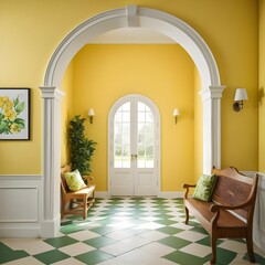 Bright Yellow Hallway with Green and White Checkered Floor