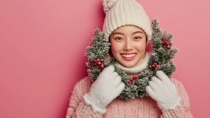 Asian woman, wreath, gloves. Winter smile.