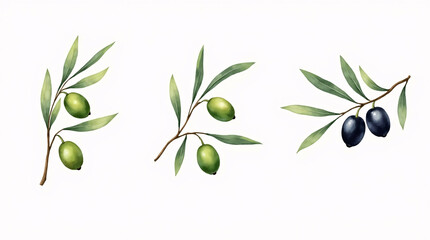 Transparent watercolor composition of olive twigs and leaves, featuring rich green and purple-black fruits in botanical style