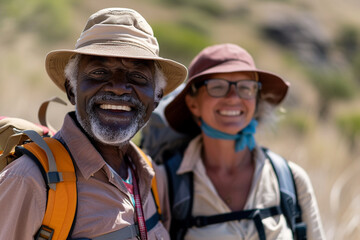 Fototapeta premium An energetic and adventurous retired interracial couple enjoying a refreshing hike in great outdoors, embracing beauty of nature 