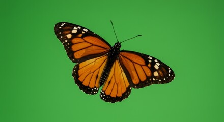 Fototapeta premium Monarch Butterfly Studio Shot Green Background - A vibrant monarch butterfly in a studio shot against a green backdrop. Symbolizing transformation, beauty, freedom, nature, and grace