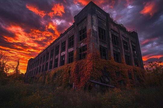 Abandoned brick building covered in autumn ivy, set against a fiery sunset sky.