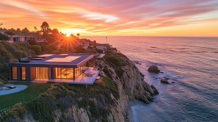 Luxury clifftop house with minimalist design offers stunning evening views, background wallpaper AI generated image