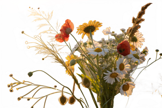 A few fully bloomed wildflowers, gently scattered and isolated on a transparent background. The set includes 2–4 vibrant sunflowers, 2 delicate daisies or chamomile flowers, and 1–2 vivid red poppies.