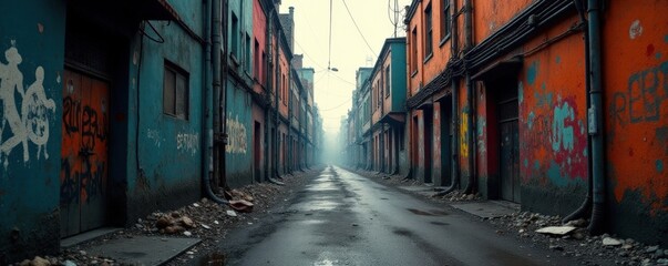 Naklejka premium Distressed urban landscape with gritty textures and dark colors, modern edge, concrete jungle, urban grunge