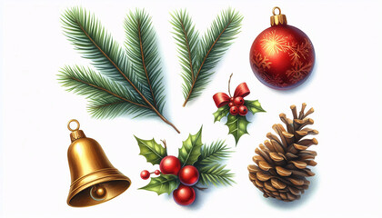 Watercolor illustration of fir tree branches and traditional Christmas decorations painted on a bright white background