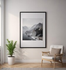 White wall, framed poster mockup, hanging on clips; cozy setting,  aesthetic,  home decor,  interior