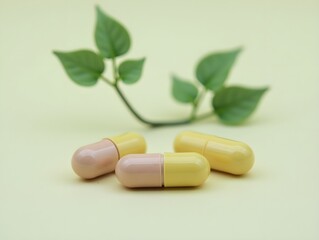 Three capsules with a plant in the background