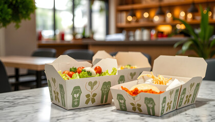 Restaurant healthy food delivery in take away boxes, Paper Cutout style. with white shades