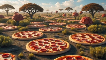 Pepperoni Pizza Landscape Digital Art: Sunny Day, Trees, Brown Earth