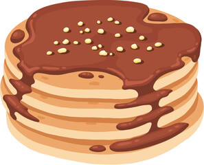 Cartoon pancake. Stack of tasty pancakes with maple syrup, butter, chocolate syrup, fruits and jam. Delicious breakfast food vector illustration. American brunch with berries and nuts