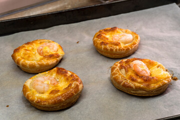 Puff pastry with cheese and shrimp. Pastry. food