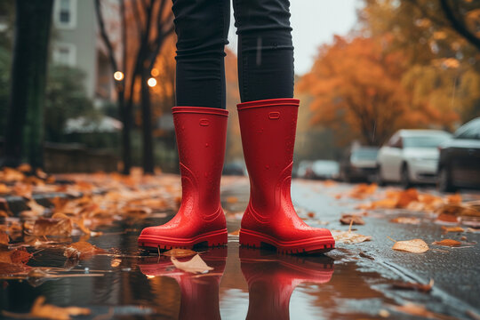 An individual confidently braving rain while sporting vibrant red rain boots, serving as a perfect representation of both invigorating rainy weather and engaging outdoor activities amidst wet conditio