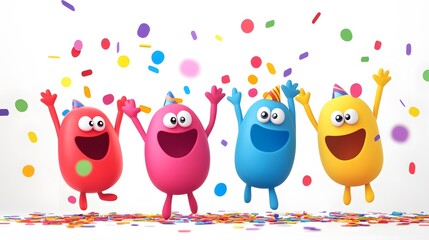 Obraz premium Vibrant Cartoon Characters with Confetti in Digital Illustration