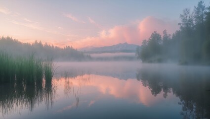 Fototapeta premium Serene Lake at Dawn with Mountain View and Fog