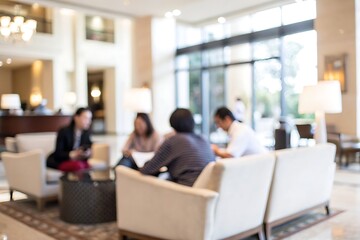 Professional team meeting in hotel lobby with engaging discussions in modern atmosphere