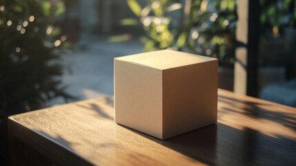 Light Brown Wooden Cube on Table with Sunlight and Green Background