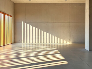Fototapeta premium Sunlight filters through an empty concrete room, casting dramatic geometric shadows, enhancing the modern and tranquil ambiance of the minimalist space.