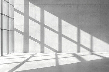 Obraz premium An empty concrete room with sunlight streaming in, casting bold shadows on the walls, creating a peaceful and modern minimalist background.