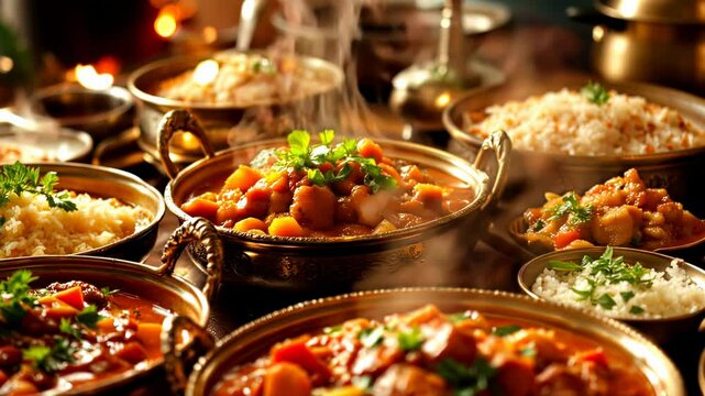 Authentic Indian Cuisine Buffet with Steaming Curries and Rice Dishes