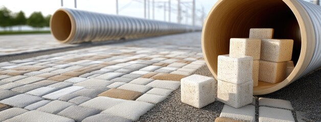 A stack of gray paver bricks shows one brick fallen over during installation, revealing an empty space between two rows in clear sunlight