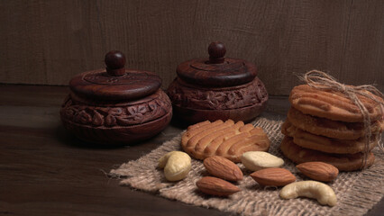 Tasty Cookies with sesame seeds on wooden board. Healthy vegan cookies.