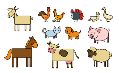 Set of farm animals in a geometric, minimalist style, simple shapes: rectangles for bodies, circles and ovals for heads, and straight lines for legs and tails.