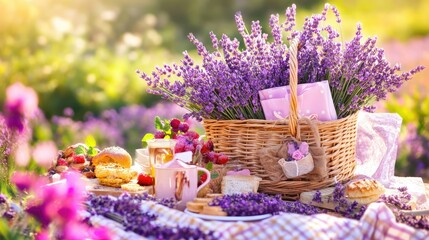 A picnic scene featuring a woven basket brimming with lavender