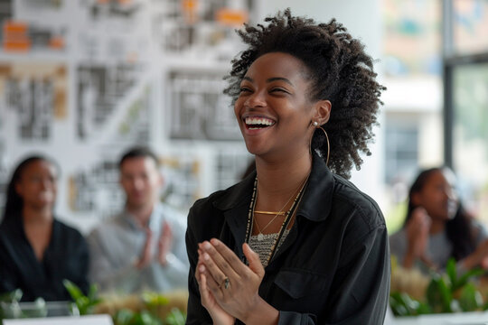 architect team, filled with joy and excitement, celebrates success of their real estate development idea and architecture engineering plan, as they applaud achievement of their diverse group, particul