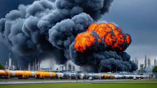 Fiery Inferno: A dramatic visual capturing an industrial disaster, with billowing smoke and a massive explosion engulfing a cityscape and transporting goods.