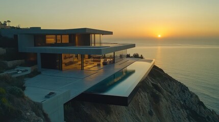Modern architectural house on a cliff slope, with a swimming pool with natural views, background wallpaper AI generated image
