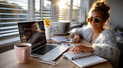 Woman with sunglasses working on laptop at home, sunny morning with coffee and planner on table