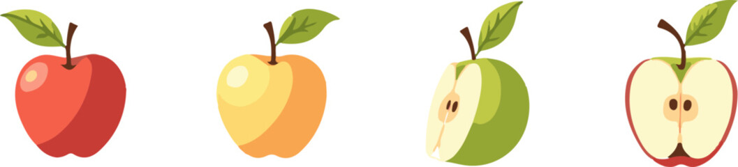 Colorful Apple Vector Set – Red, Yellow, Green Whole and Sliced Apples Illustration Collection