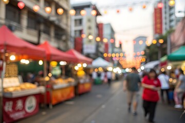 Vibrant outdoor festival night market scene with city streets and bokeh blur
