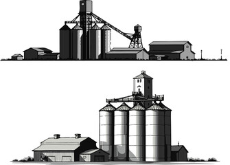Vintage Farm Buildings and Grain Silos – Black and White Rural Agriculture Vector Illustration © Rezowan 