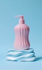 Pink Lotion Bottle on Abstract Blue Wave Pedestal: Minimalist Product Display