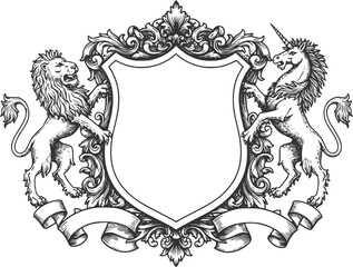A heraldry crest lion and unicorn horse family coat of arms heraldic shield emblem design in an old medieval vintage style
