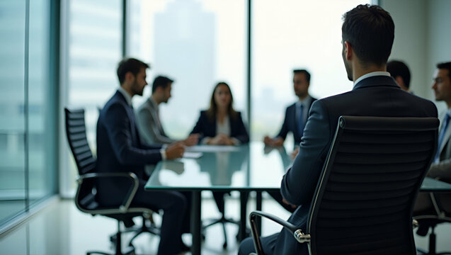 Wide-angle shot of interview panel at glass conference table, empty candidate chair in foreground, emphasizing interview dynamics and space on left side