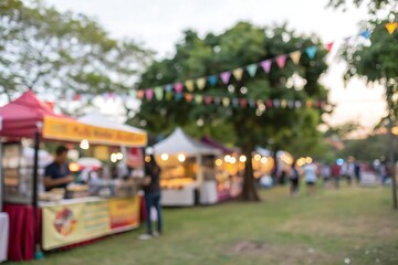 Food festival excitement park setting vibrant stalls evening glow blur background delight