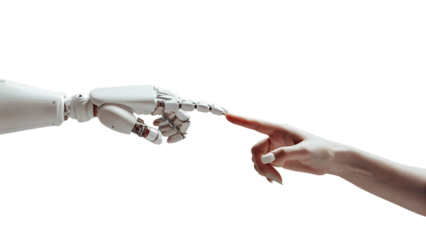 A white cyborg robotic hand with an extended finger pointing toward a human hand with an extended finger  isolated on white background PNG