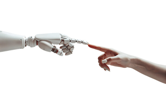 A white cyborg robotic hand with an extended finger pointing toward a human hand with an extended finger  isolated on white background PNG
