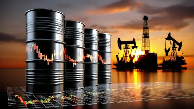 Oil Barrels at Sunset: A striking visual of black oil barrels standing prominently against a dramatic sunset backdrop, with oil rigs silhouetted in the distance, depicting the energy sector.