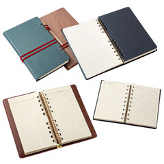Various notebooks are placed on a blank background featuring distinct colors and designs