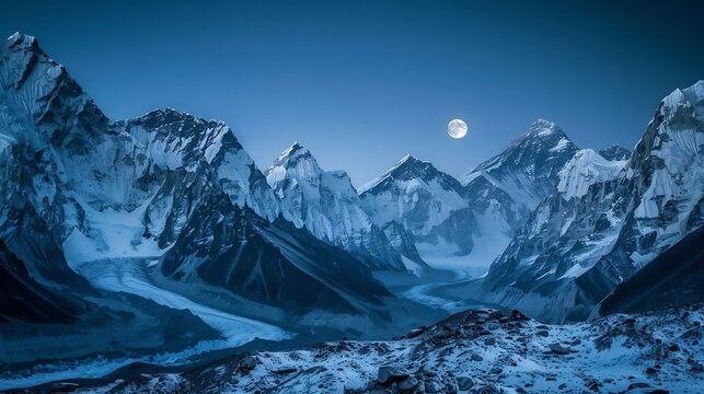 Full moon rises between jagged peaks casting stark shadows across snowfields and creating a monochrome mountainscape