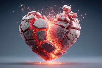 A cracked stone heart glows with fiery light from within, symbolizing intense emotions, heartbreak, and inner strength.
